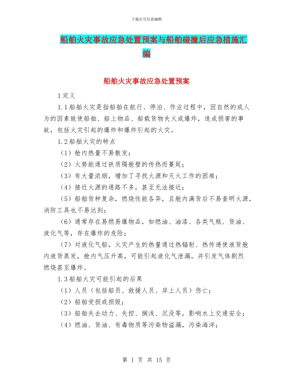 船舶火灾事故应急处置预案与船舶碰撞后应急措施汇编_第1页