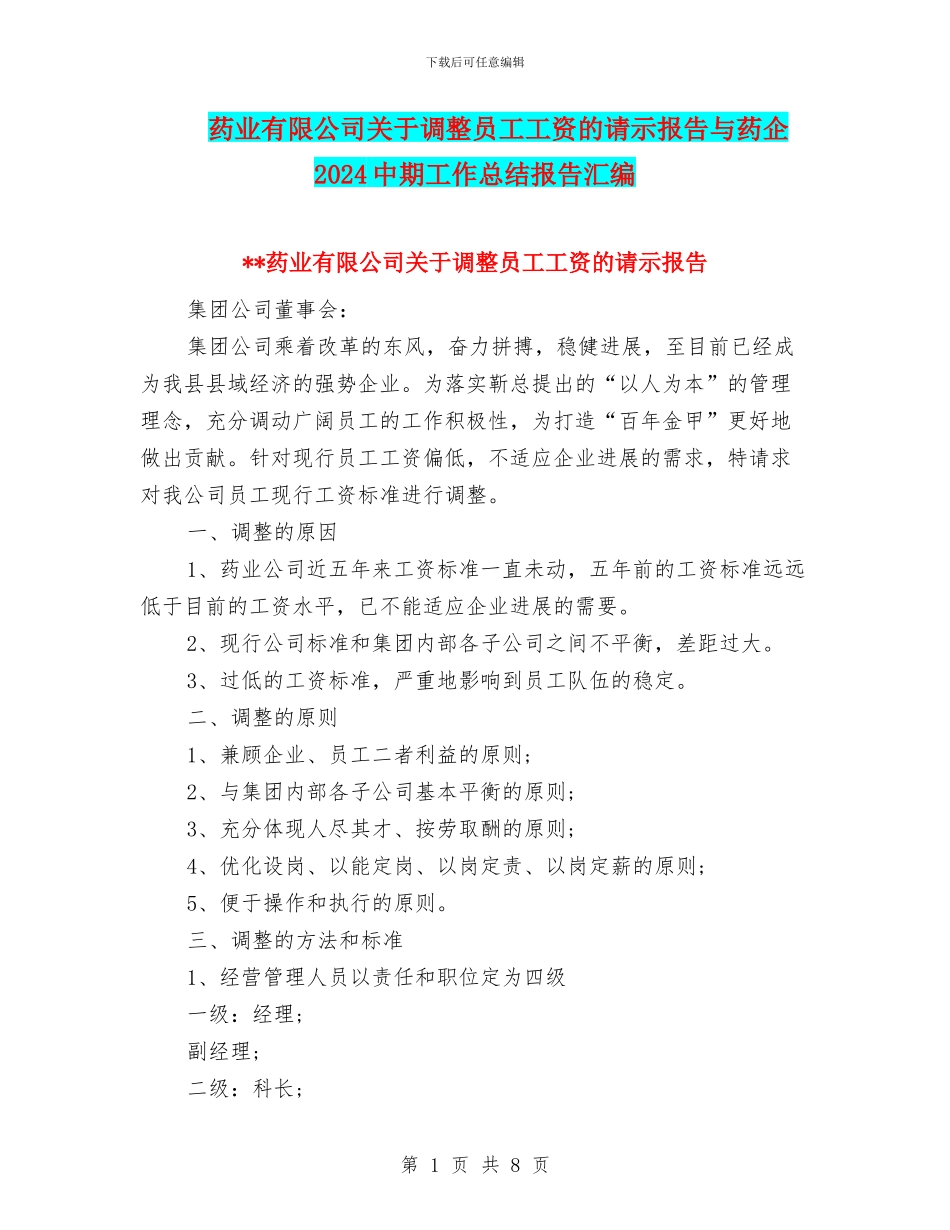 药业有限公司关于调整员工工资的请示报告与药企2024中期工作总结报告汇编_第1页