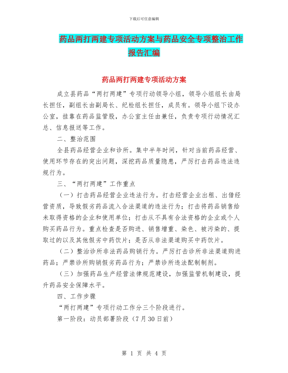 药品两打两建专项活动方案与药品安全专项整治工作报告汇编_第1页