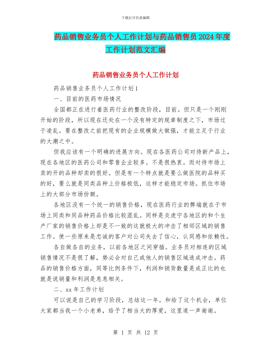 药品销售业务员个人工作计划与药品销售员2024年度工作计划范文汇编_第1页