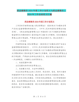药品销售员2024年度工作计划范文与药品销售员工2024年工作总结范文汇编