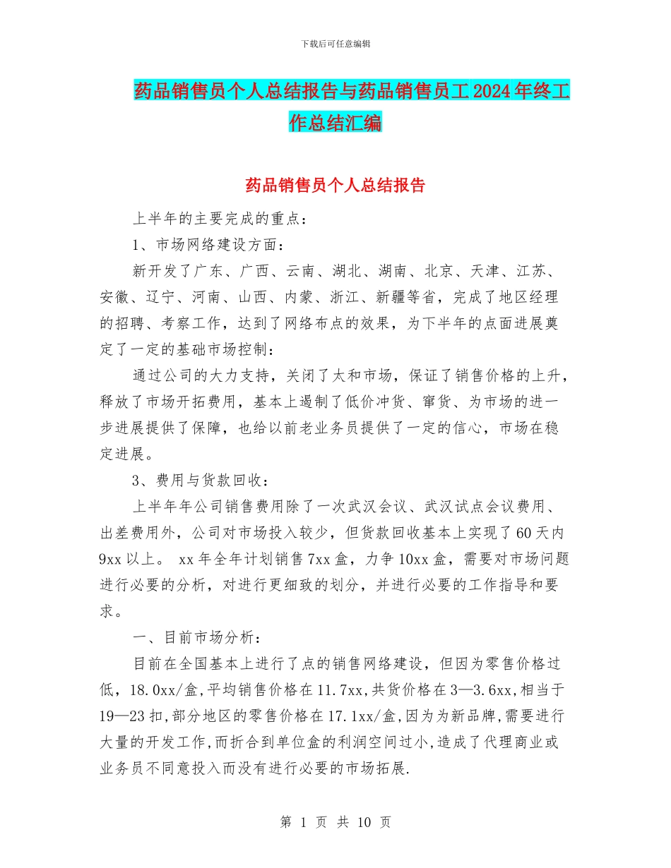 药品销售员个人总结报告与药品销售员工2024年终工作总结汇编_第1页