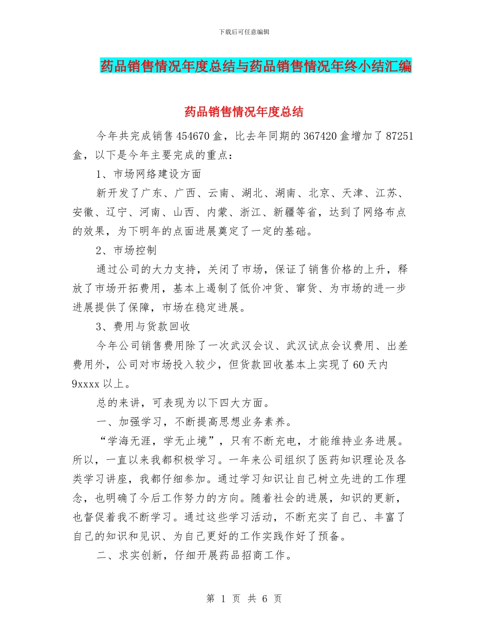 药品销售情况年度总结与药品销售情况年终小结汇编_第1页
