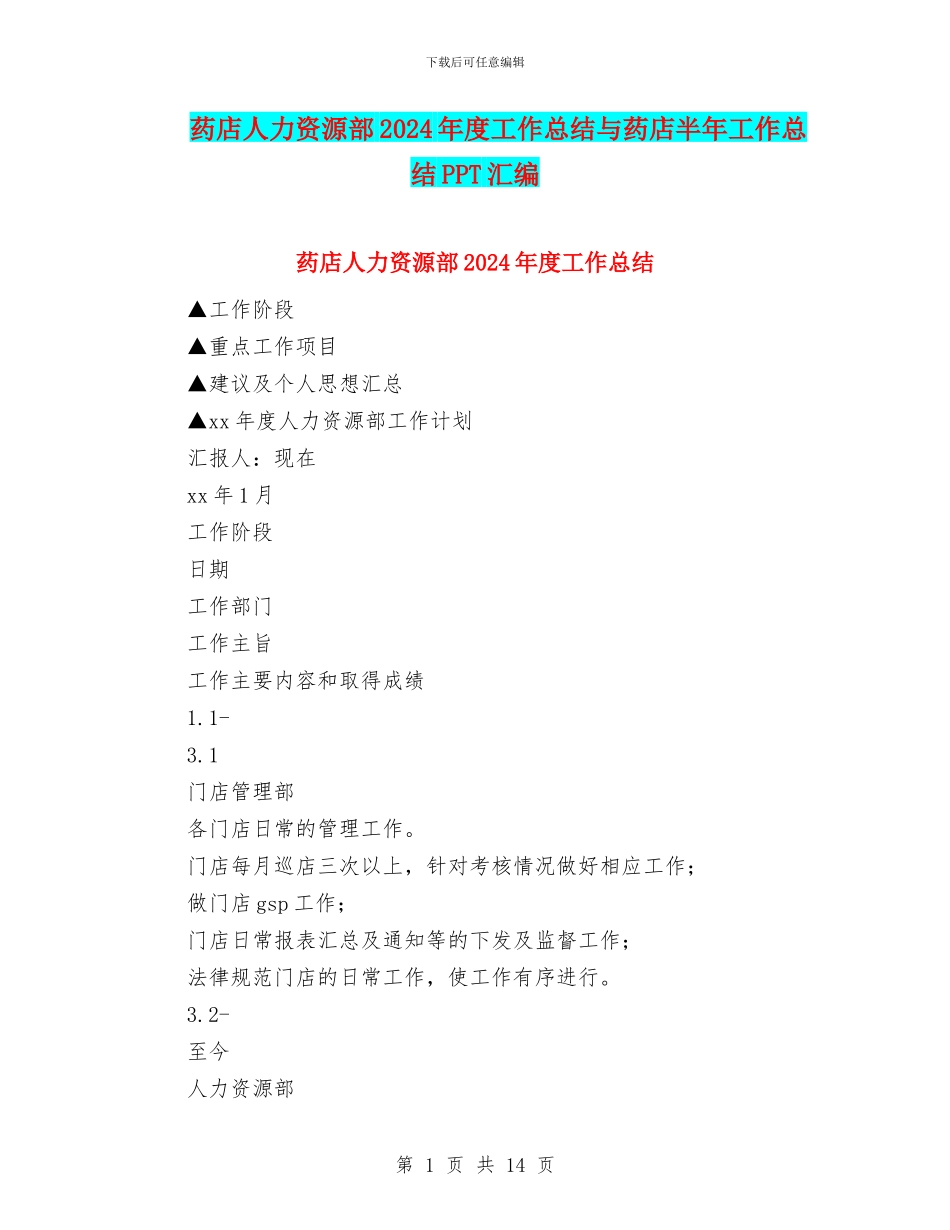 药店人力资源部2024年度工作总结与药店半年工作总结PPT汇编_第1页