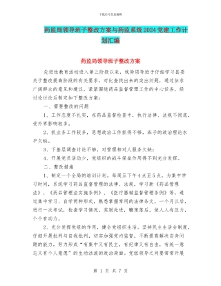 药监局领导班子整改方案与药监系统2024党建工作计划汇编
