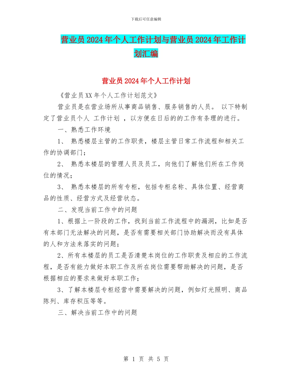 营业员2024年个人工作计划与营业员2024年工作计划汇编_第1页