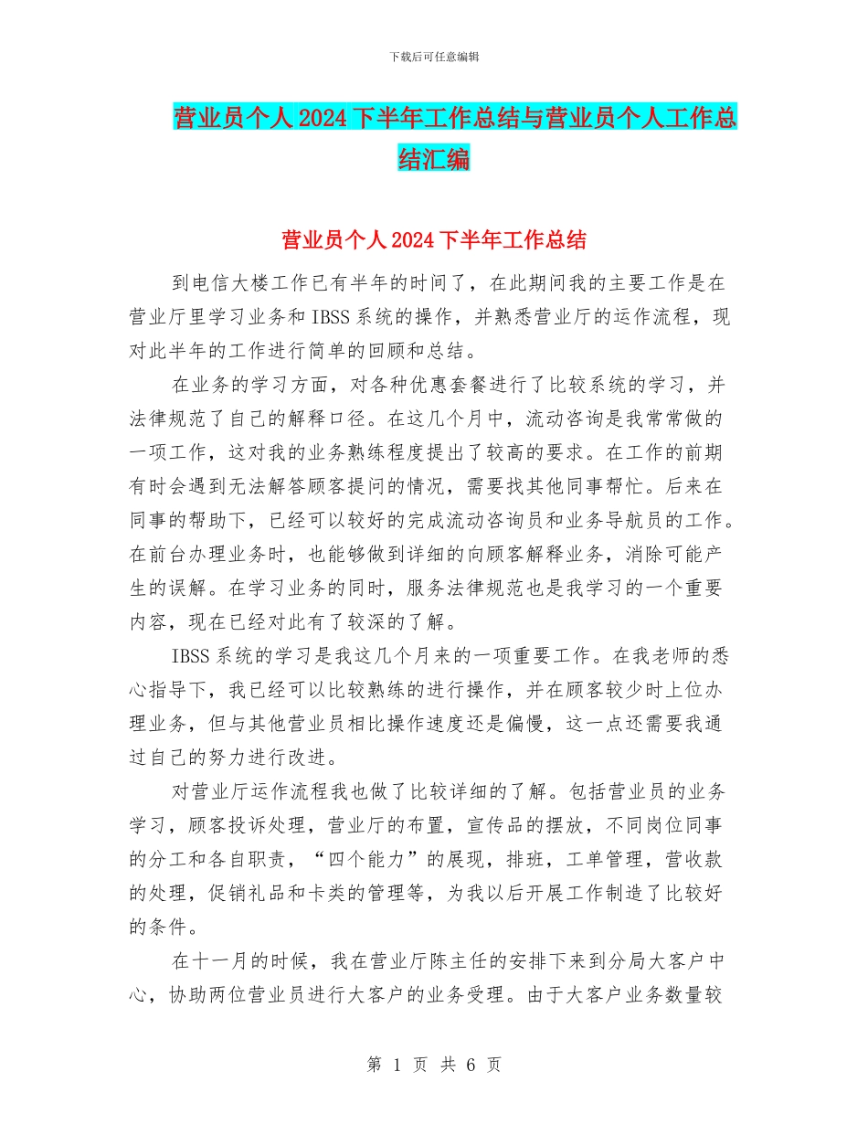 营业员个人2024下半年工作总结与营业员个人工作总结汇编_第1页