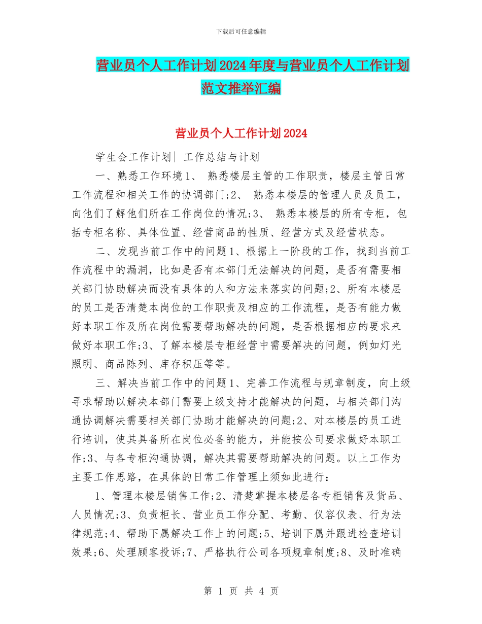 营业员个人工作计划2024年度与营业员个人工作计划范文推荐汇编_第1页