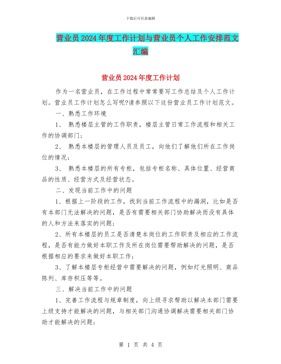 营业员2024年度工作计划与营业员个人工作安排范文汇编_第1页