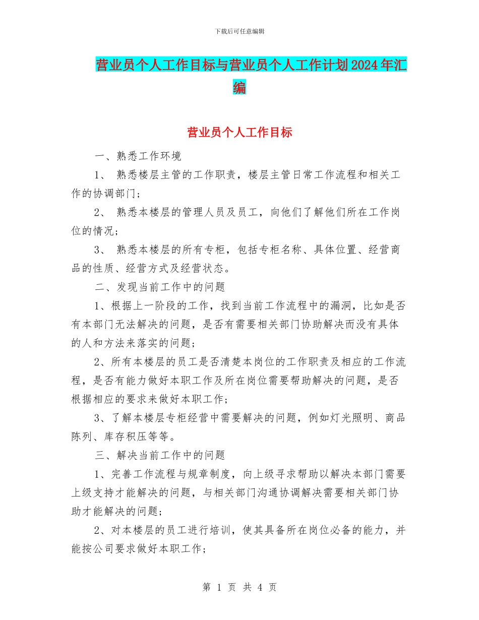 营业员个人工作目标与营业员个人工作计划2024年汇编_第1页