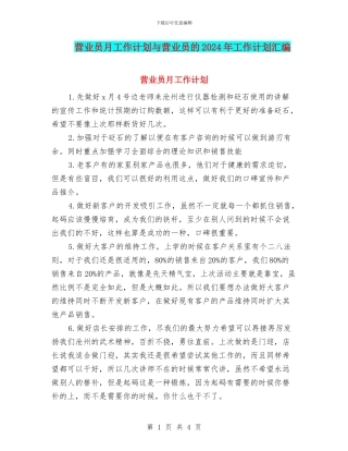 营业员月工作计划与营业员的2024年工作计划汇编