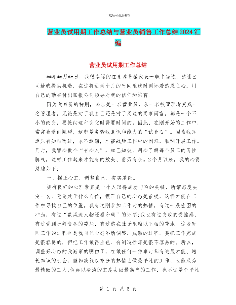 营业员试用期工作总结与营业员销售工作总结2024汇编_第1页