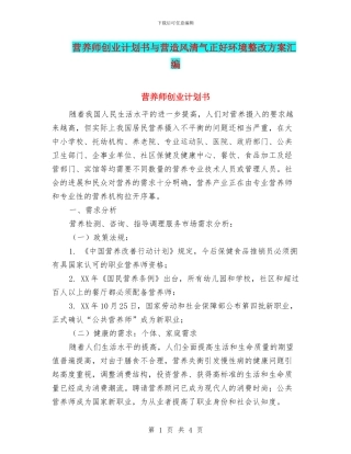 营养师创业计划书与营造风清气正好环境整改方案汇编