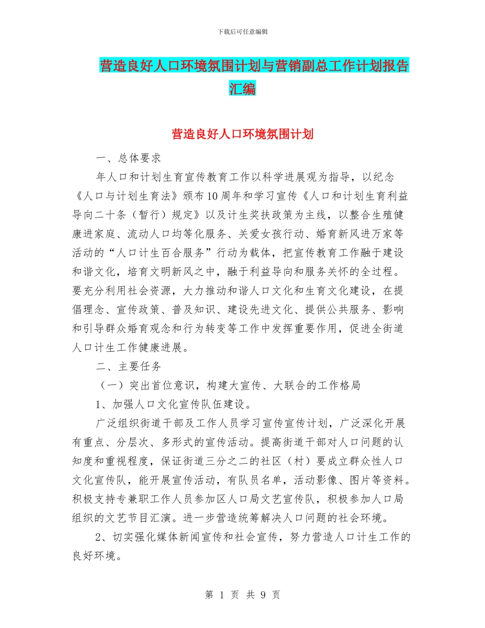 营造良好人口环境氛围计划与营销副总工作计划报告汇编_第1页