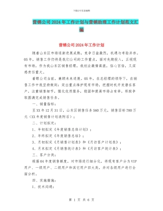 营销公司2024年工作计划与营销助理工作计划范文汇编