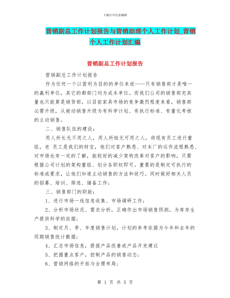 营销副总工作计划报告与营销助理个人工作计划_第1页