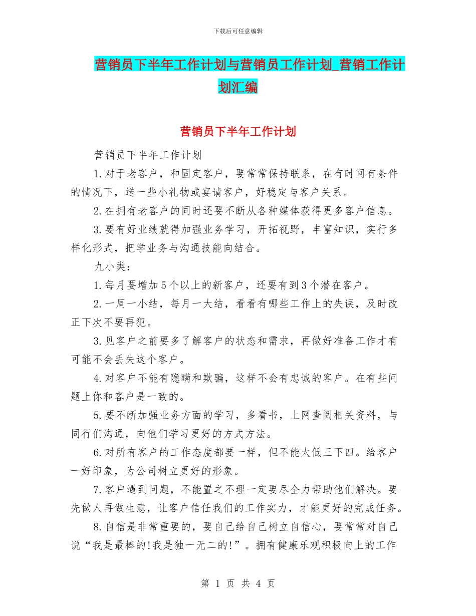 营销员下半年工作计划与营销员工作计划_第1页