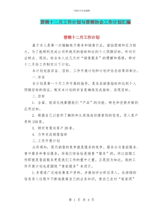 营销十二月工作计划与营销协会工作计划汇编