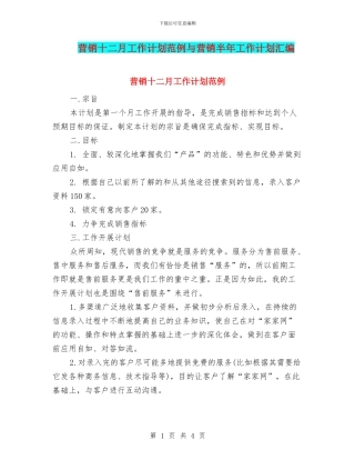 营销十二月工作计划范例与营销半年工作计划汇编