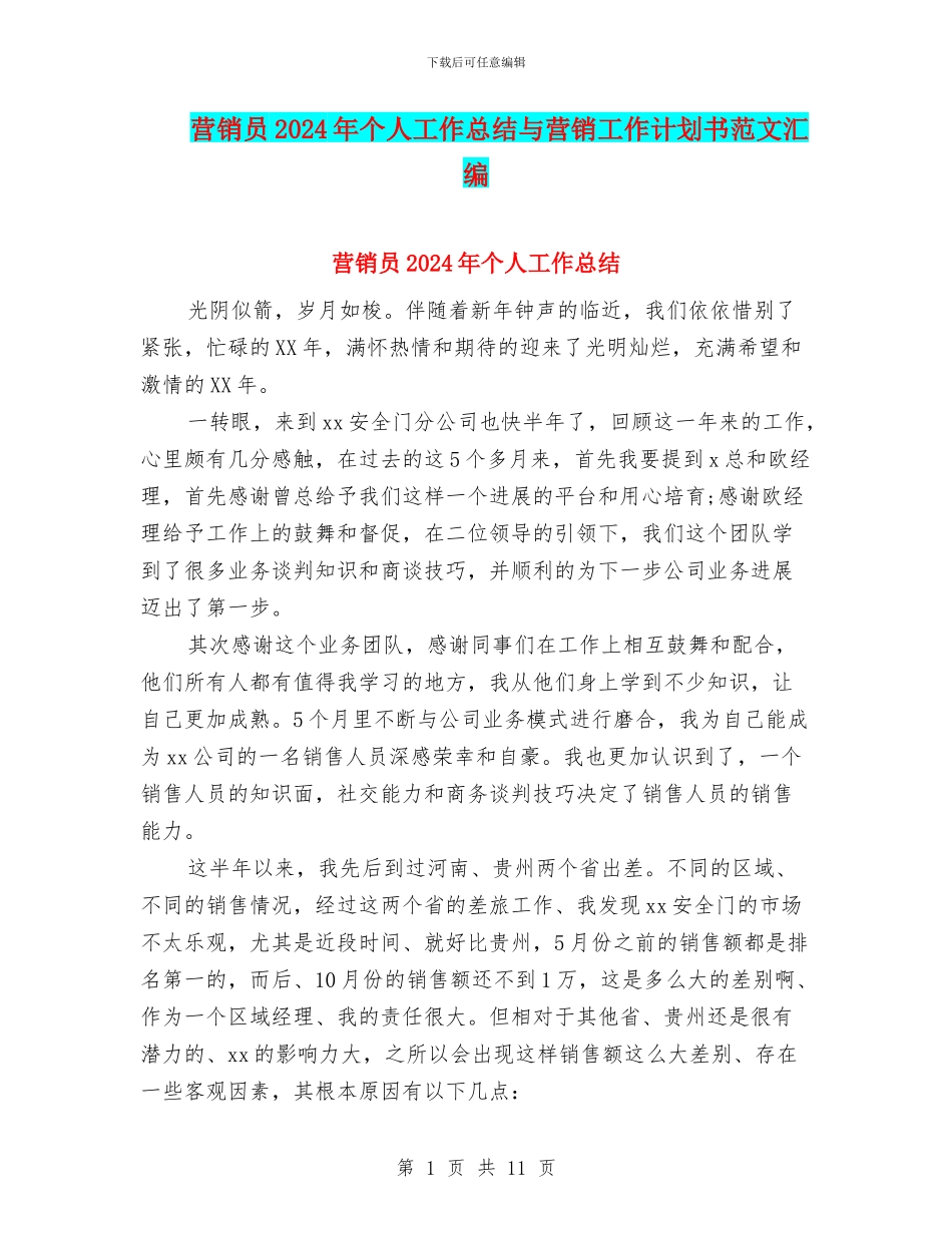 营销员2024年个人工作总结与营销工作计划书范文汇编_第1页