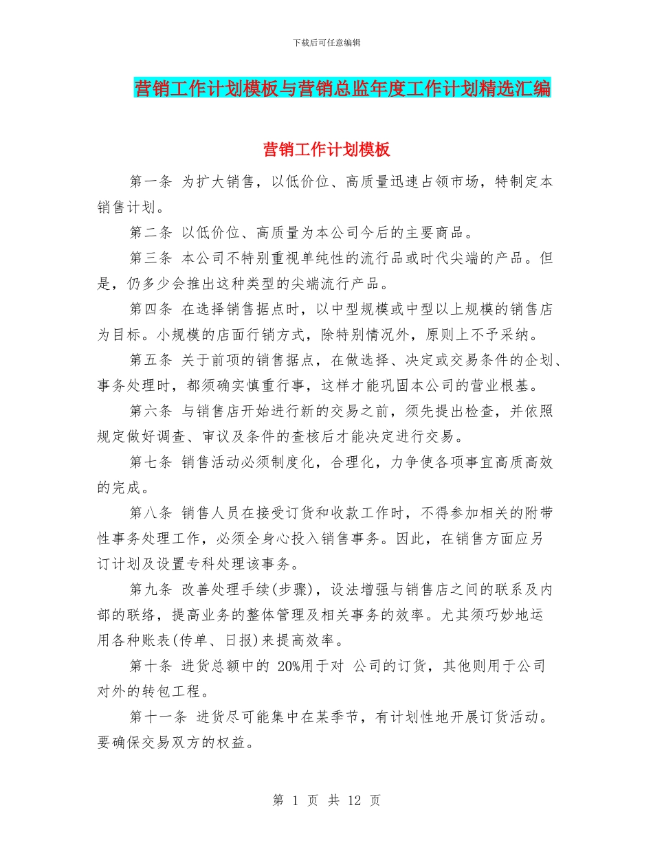 营销工作计划模板与营销总监年度工作计划精选汇编_第1页