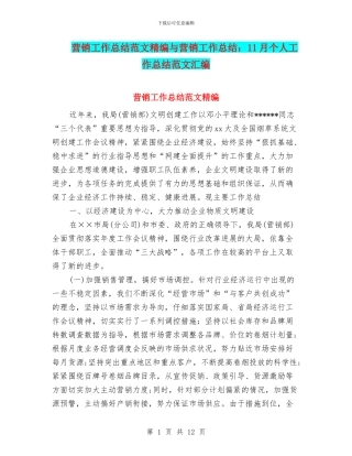 营销工作总结范文精编与营销工作总结：11月个人工作总结范文汇编