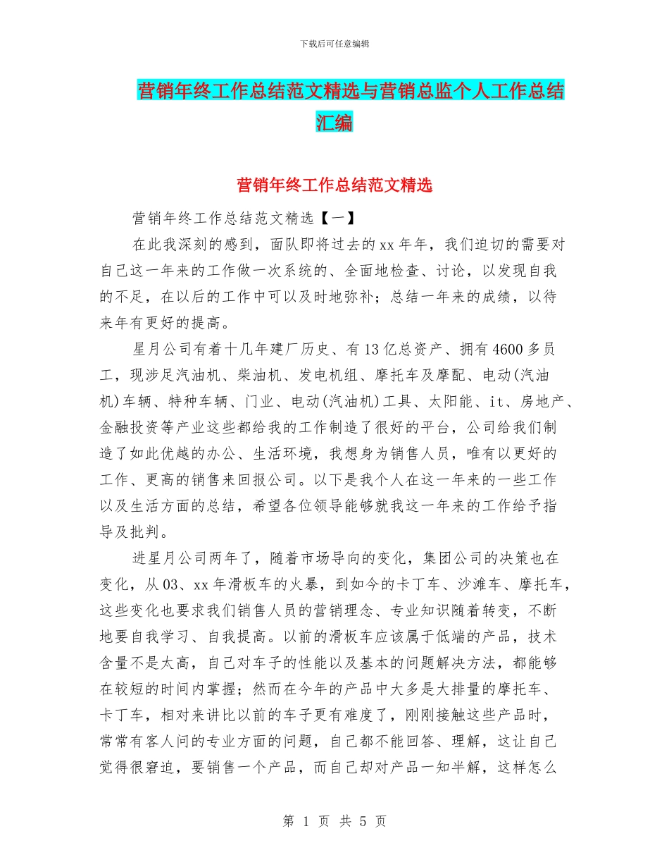 营销年终工作总结范文精选与营销总监个人工作总结汇编_第1页