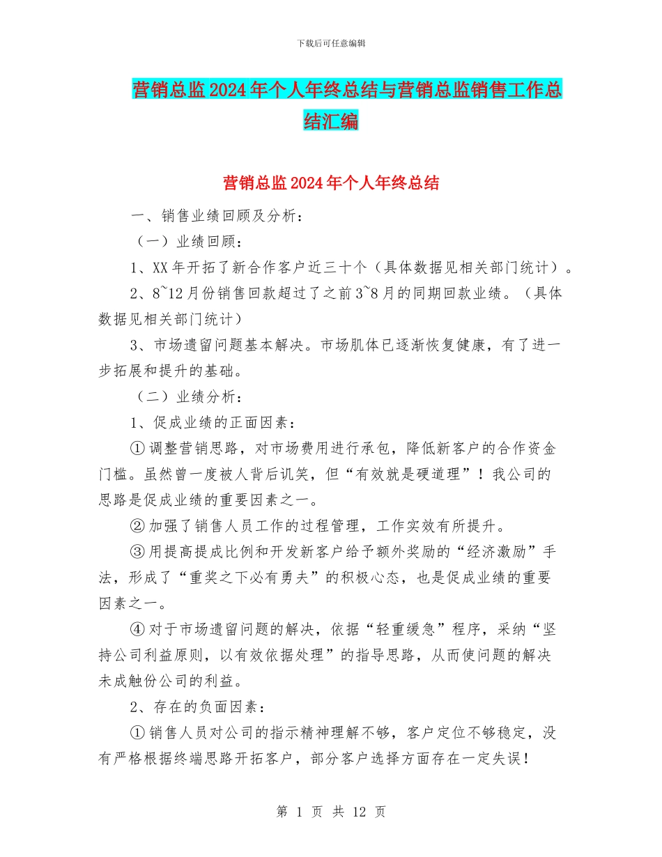 营销总监2024年个人年终总结与营销总监销售工作总结汇编_第1页