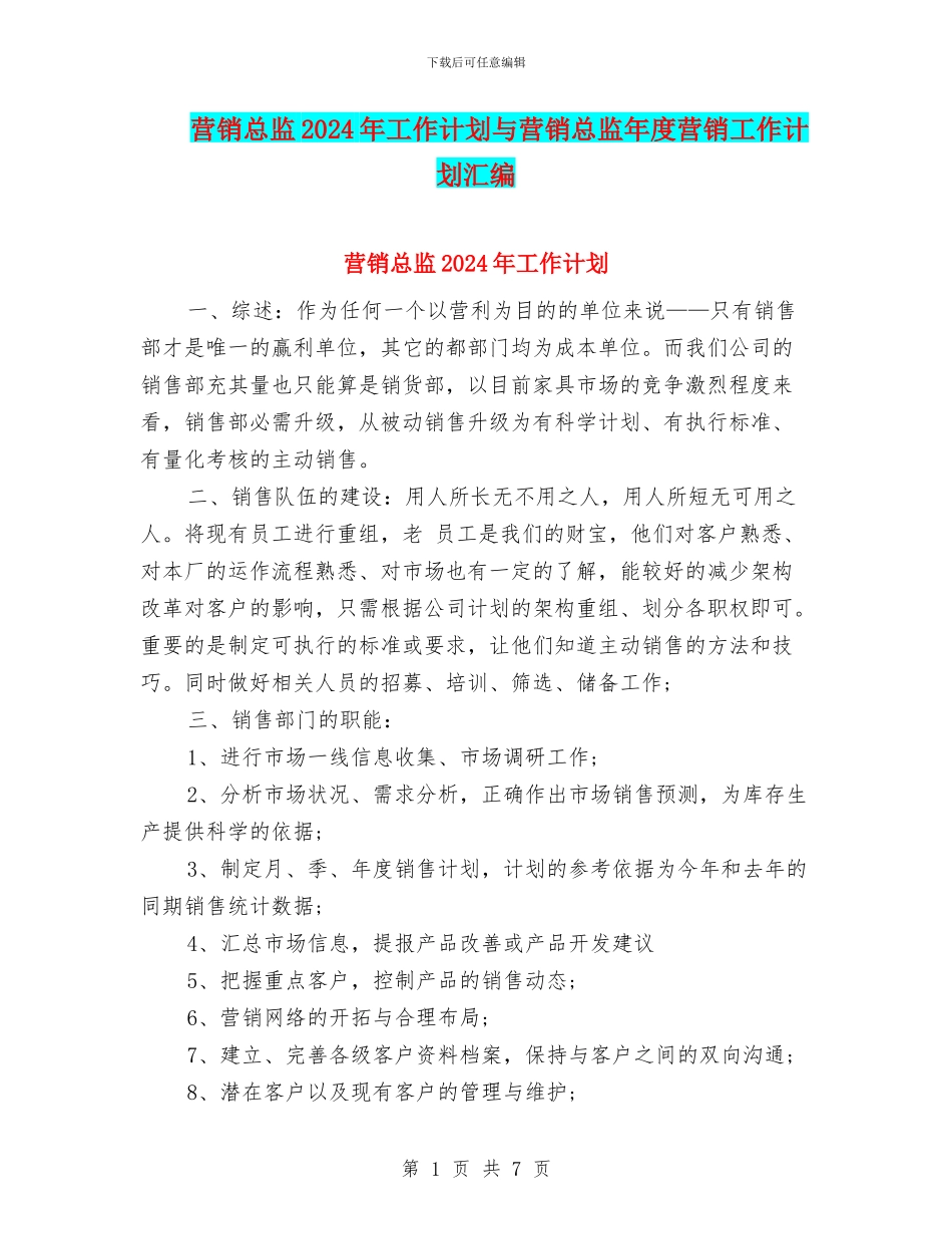 营销总监2024年工作计划与营销总监年度营销工作计划汇编_第1页