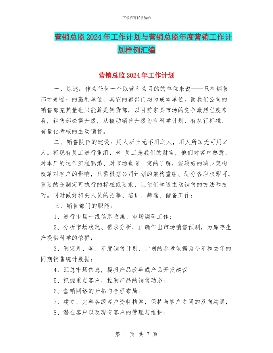 营销总监2024年工作计划与营销总监年度营销工作计划样例汇编_第1页