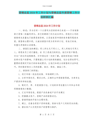 营销总监2024年工作计划与营销总监年度营销工作计划样例汇编