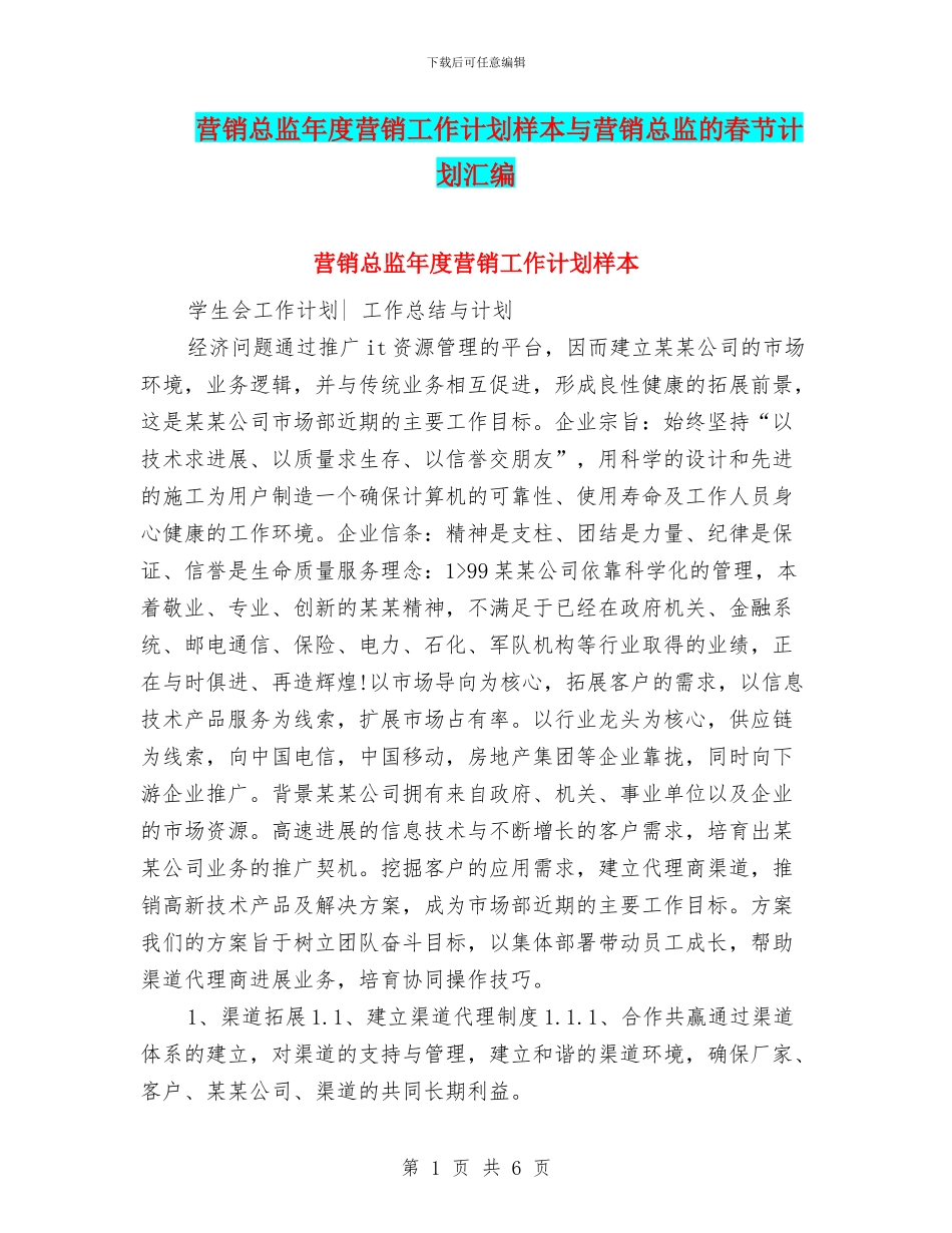 营销总监年度营销工作计划样本与营销总监的春节计划汇编_第1页