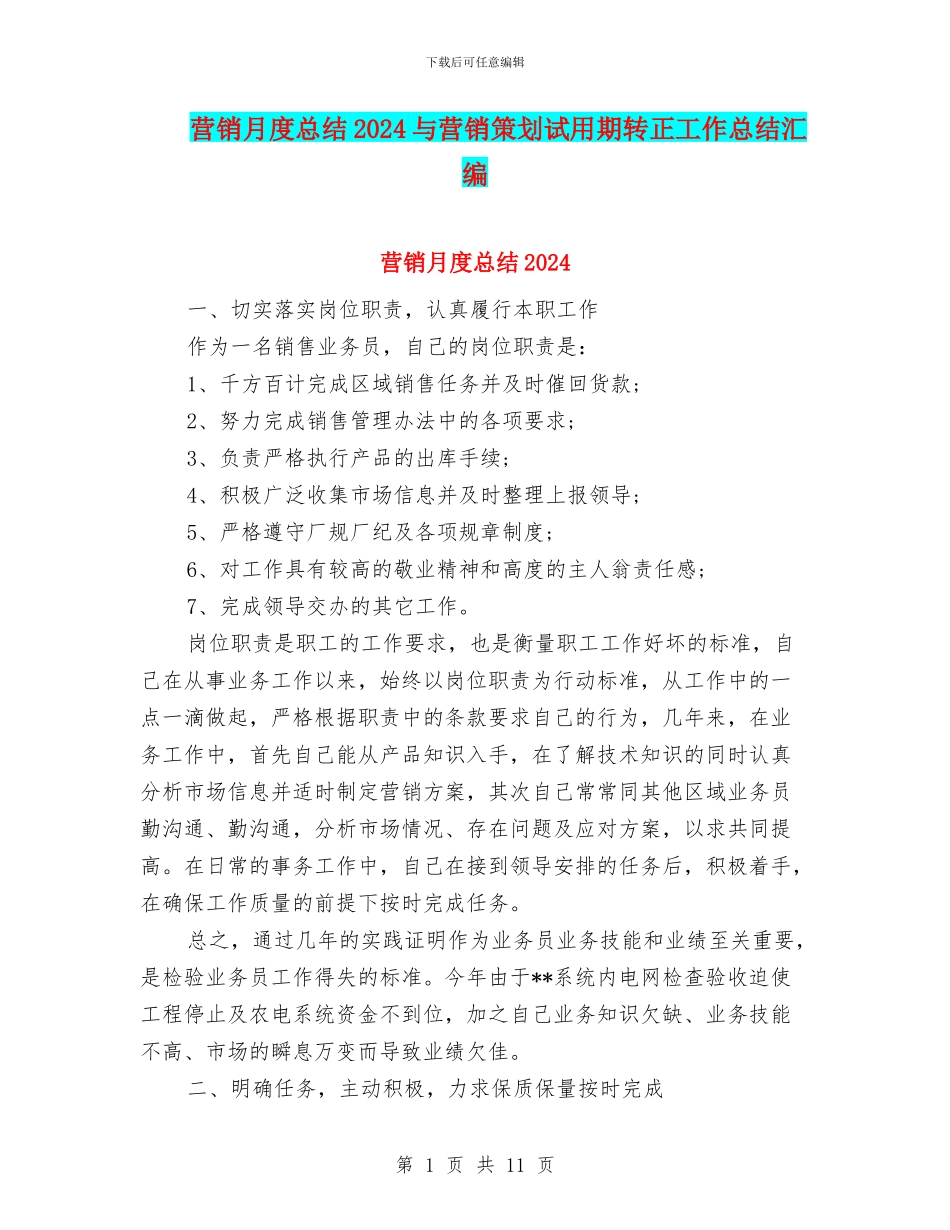 营销月度总结2024与营销策划试用期转正工作总结汇编_第1页