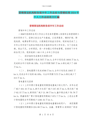营销策划机构财务部半年工作总结与营销经理2024年个人工作总结范文汇编