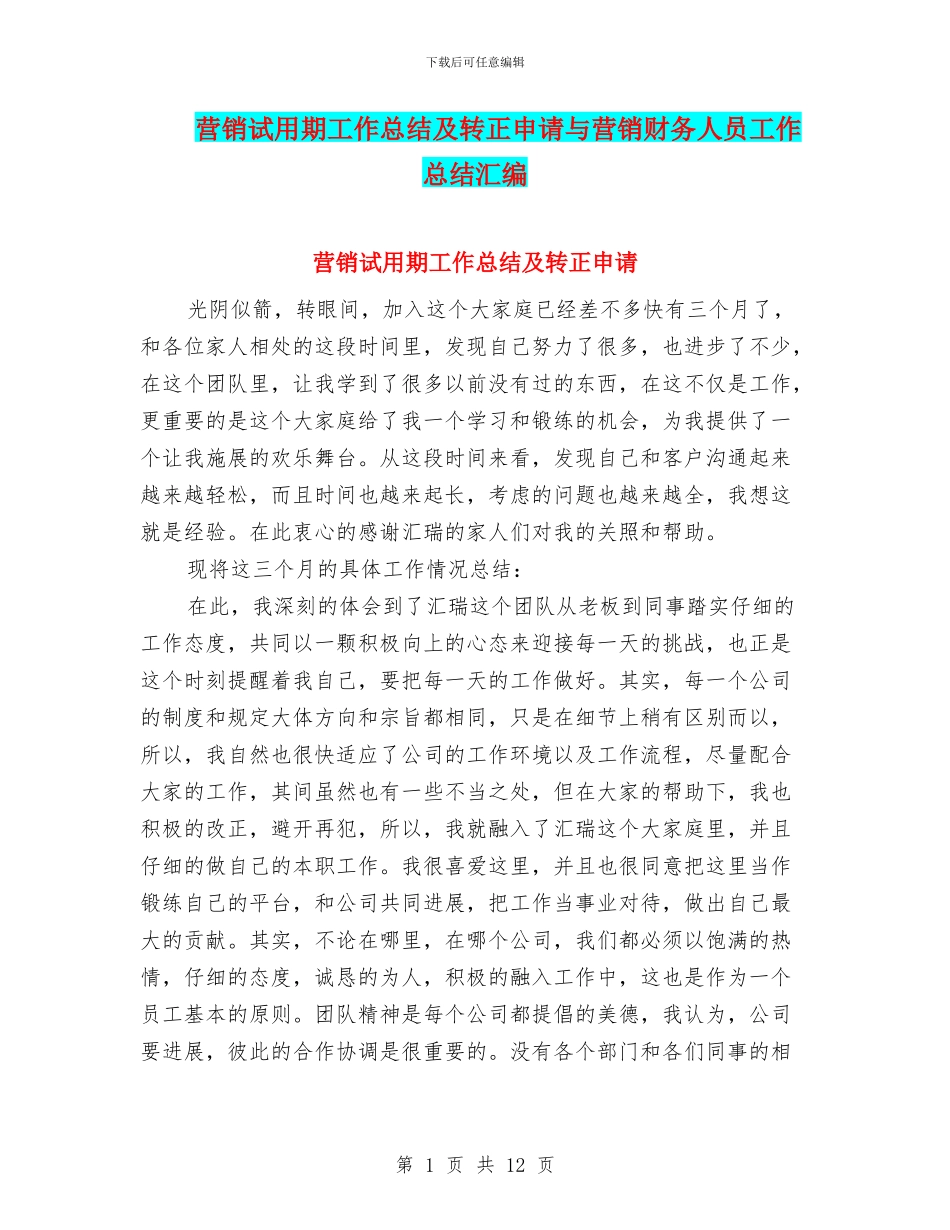 营销试用期工作总结及转正申请与营销财务人员工作总结汇编_第1页