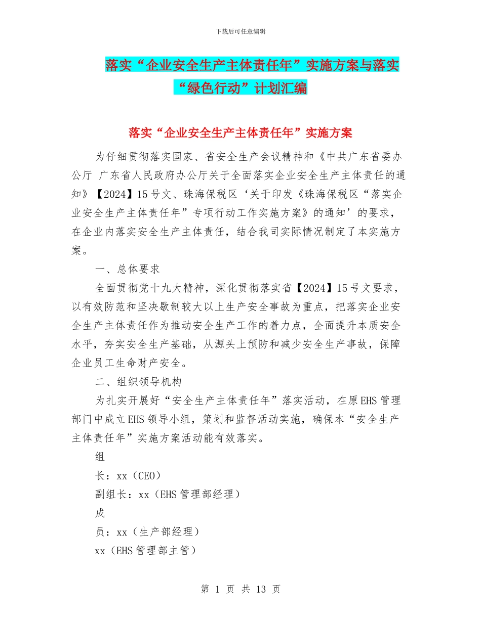落实“企业安全生产主体责任年”实施方案与落实“绿色行动”计划汇编_第1页