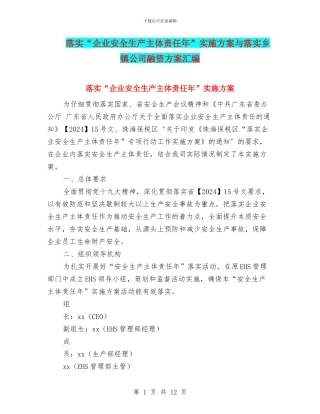 落实“企业安全生产主体责任年”实施方案与落实乡镇公司融资方案汇编