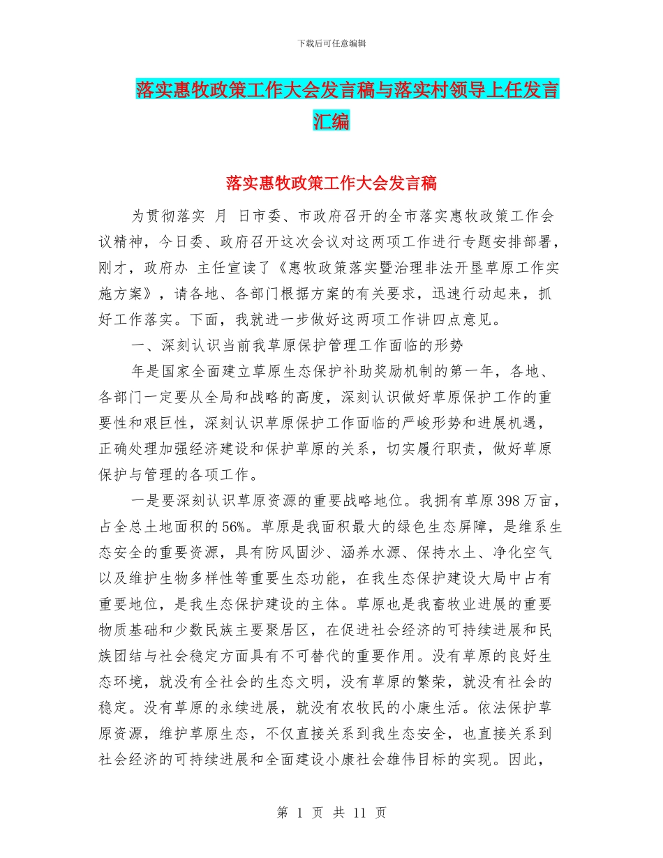 落实惠牧政策工作大会发言稿与落实村领导上任发言汇编_第1页