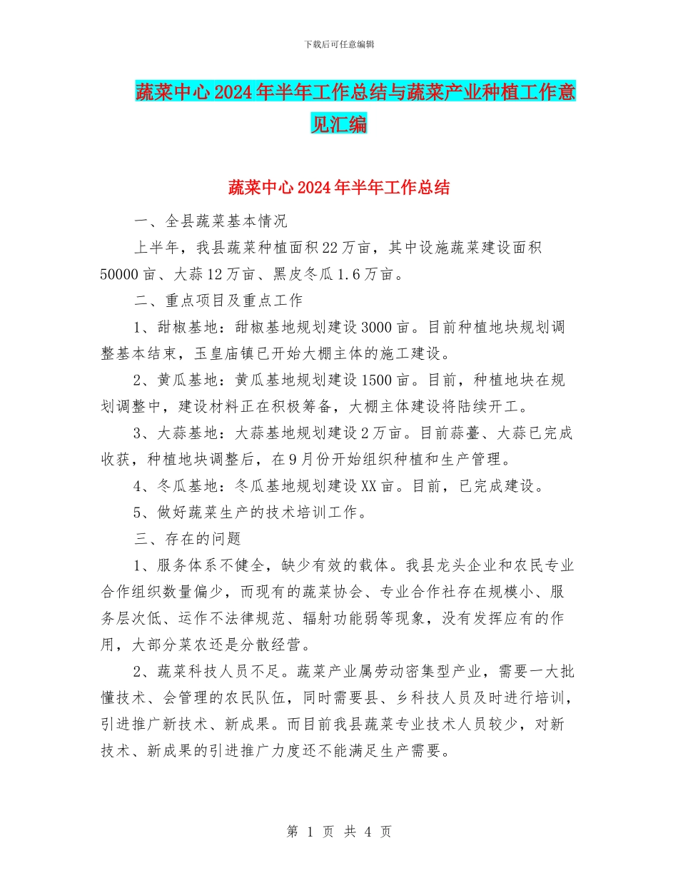 蔬菜中心2024年半年工作总结与蔬菜产业种植工作意见汇编_第1页