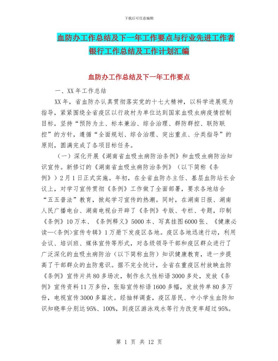 血防办工作总结及下一年工作要点与行业先进工作者银行工作总结及工作计划汇编_第1页