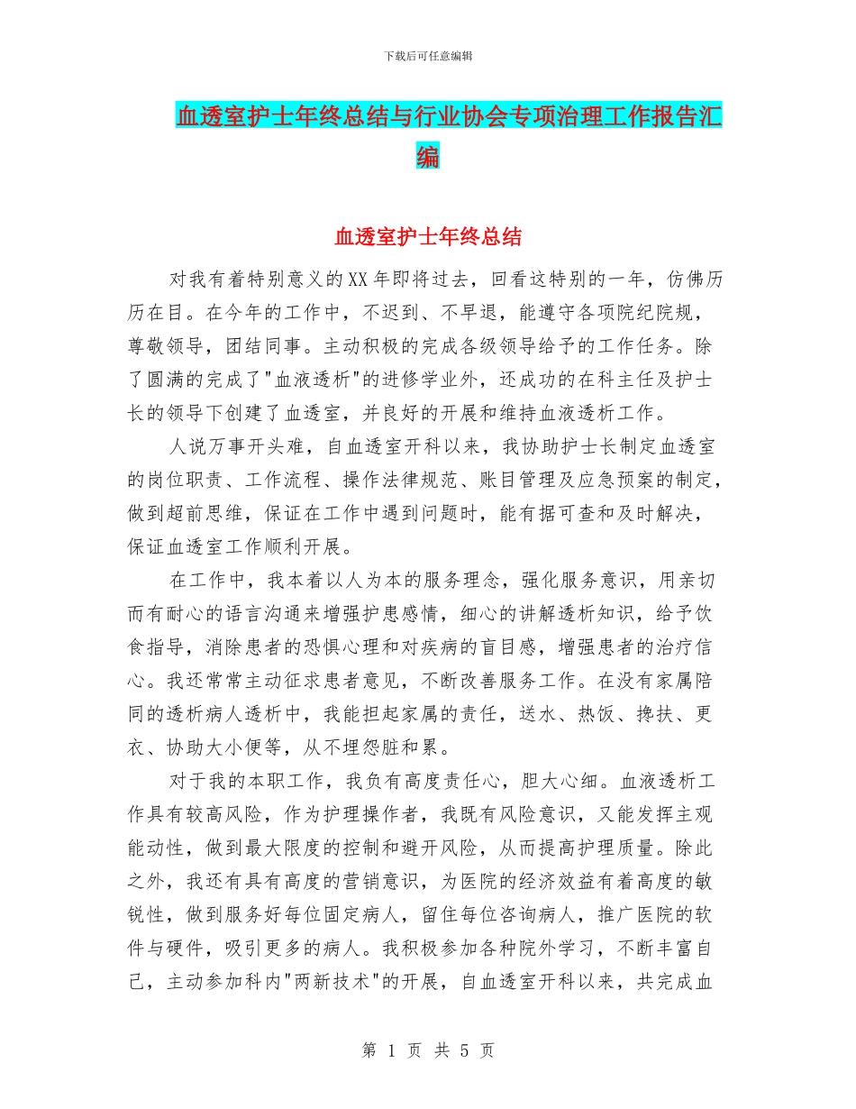 血透室护士年终总结与行业协会专项治理工作报告汇编_第1页