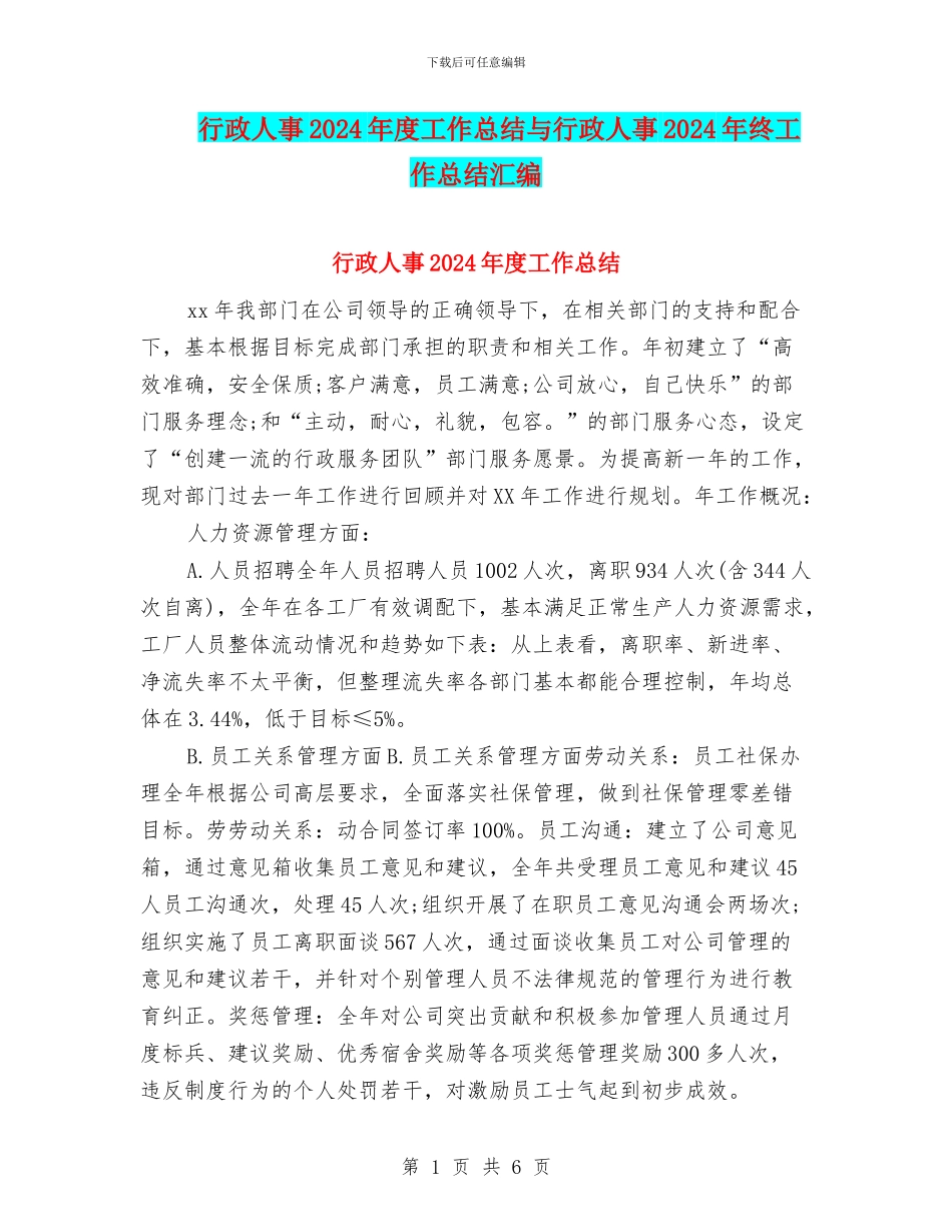 行政人事2024年度工作总结与行政人事2024年终工作总结汇编_第1页
