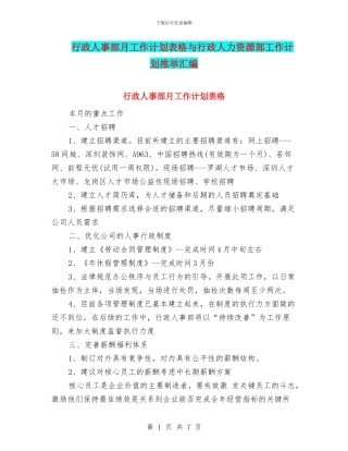行政人事部月工作计划表格与行政人力资源部工作计划推荐汇编