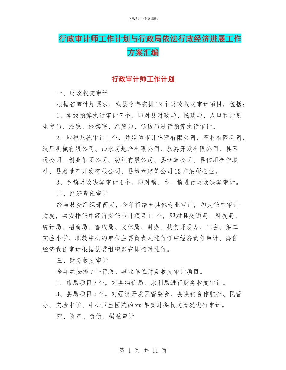 行政审计师工作计划与行政局依法行政经济发展工作方案汇编_第1页