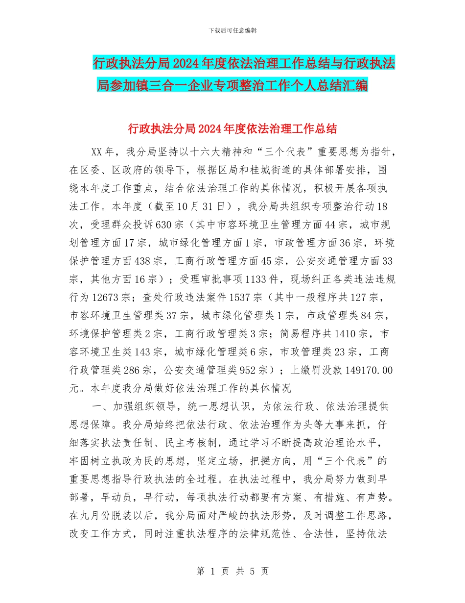 行政执法分局2024年度依法治理工作总结与行政执法局参与镇三合一企业专项整治工作个人总结汇编_第1页