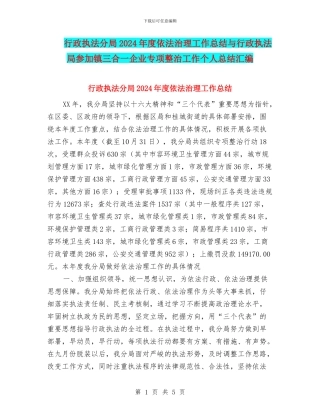 行政执法分局2024年度依法治理工作总结与行政执法局参与镇三合一企业专项整治工作个人总结汇编
