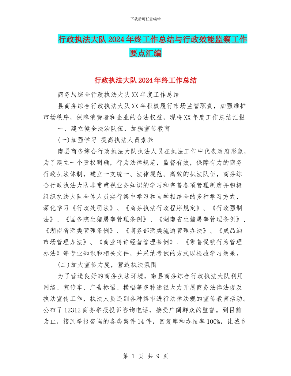 行政执法大队2024年终工作总结与行政效能监察工作要点汇编_第1页