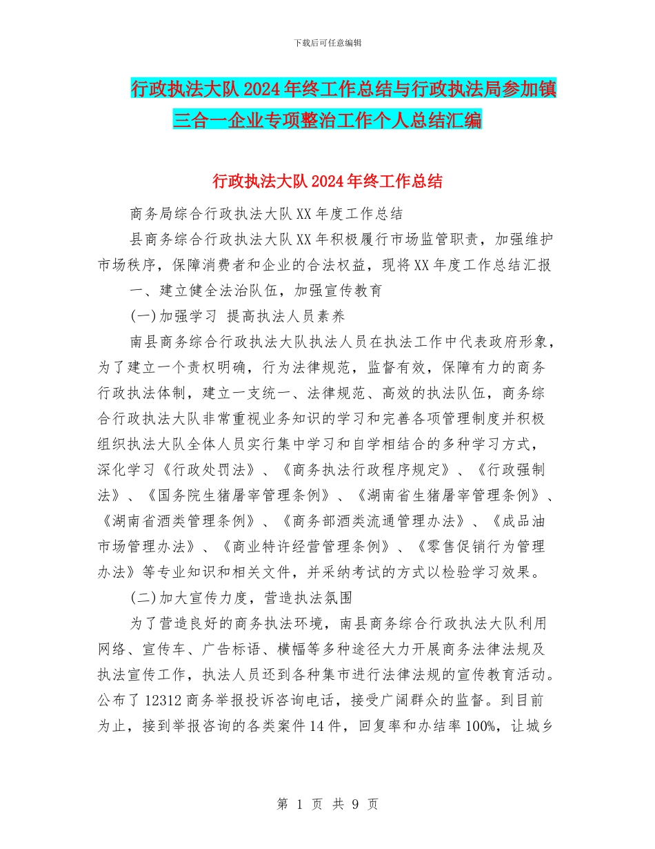 行政执法大队2024年终工作总结与行政执法局参与镇三合一企业专项整治工作个人总结汇编_第1页