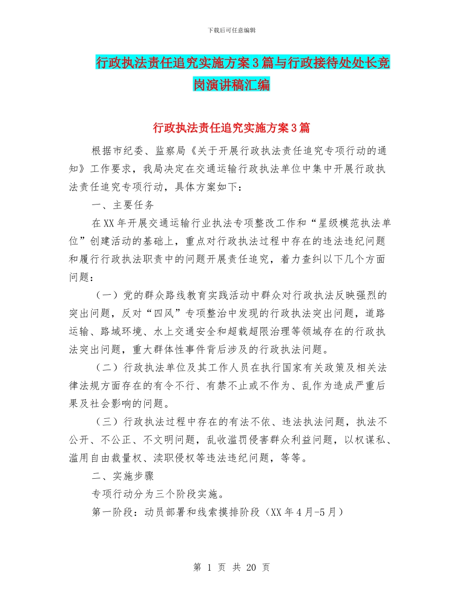 行政执法责任追究实施方案3篇与行政接待处处长竞岗演讲稿汇编_第1页