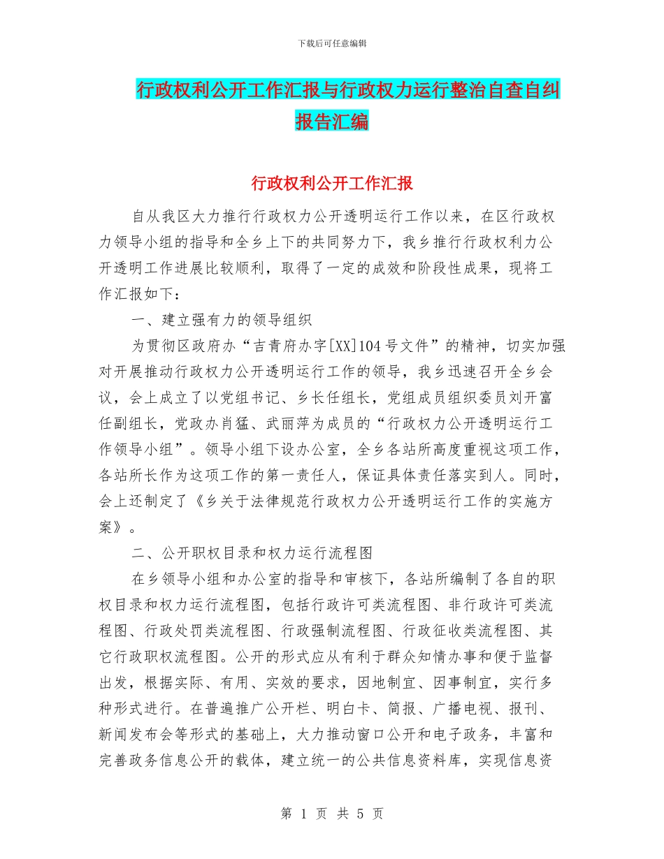 行政权利公开工作汇报与行政权力运行整治自查自纠报告汇编_第1页